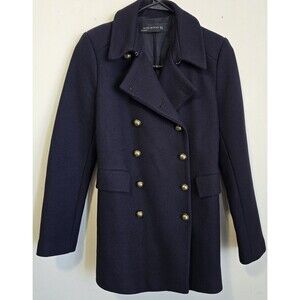 ZARA Coat Black Double Breasted Military Wool Blend Jacket Womens Small